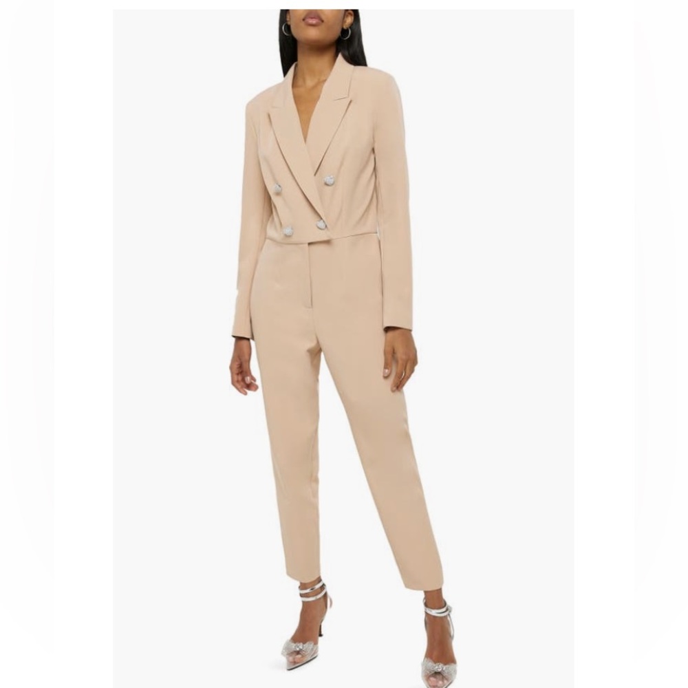 River Island Long Sleeve Straight Leg Beige Jumpsuit